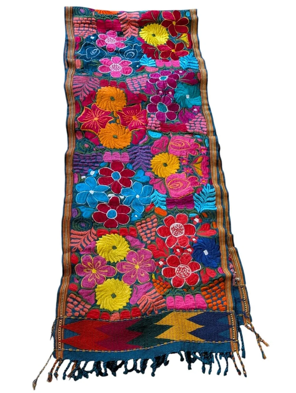 Guatamalen Huipil Floral Embroidered Table Runner Colorful Eclectic Decor Boho